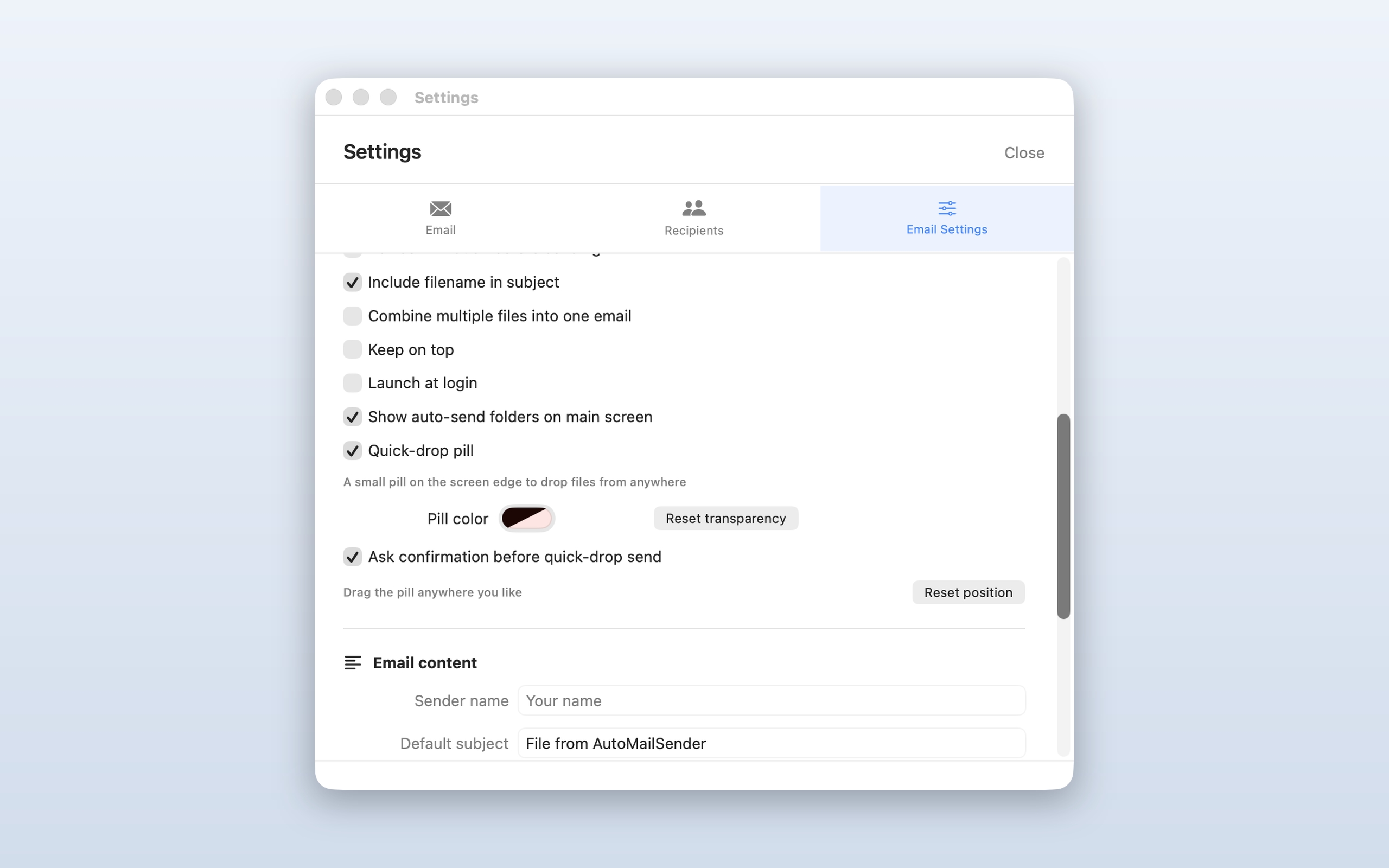 AutoMailSender settings